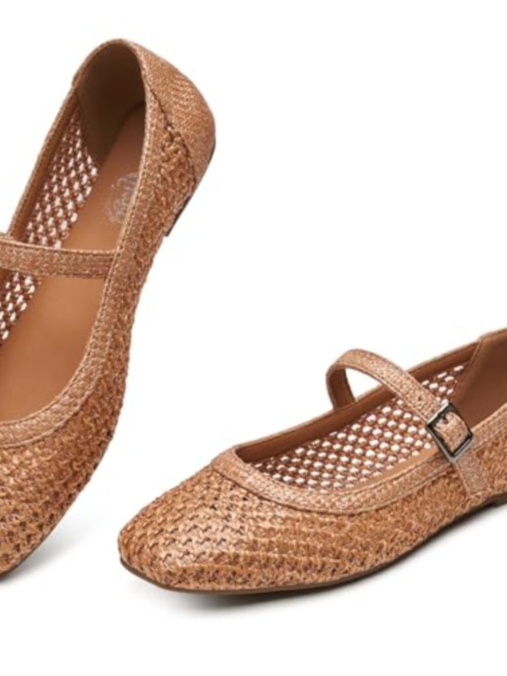 Mary Jane Flats Woven Ballet Shoes Square Toe Memory Foam Comfortable
